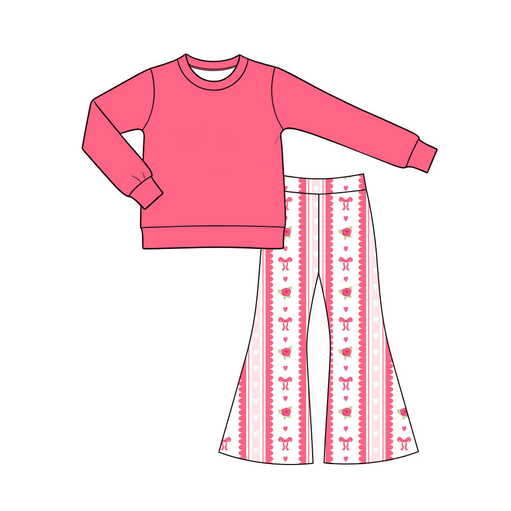 (Preorder new) No moq Baby Girls Pink Rose Bow Stripe Print Ruffle Romper And Solid Top Bell Bottom Pants Set