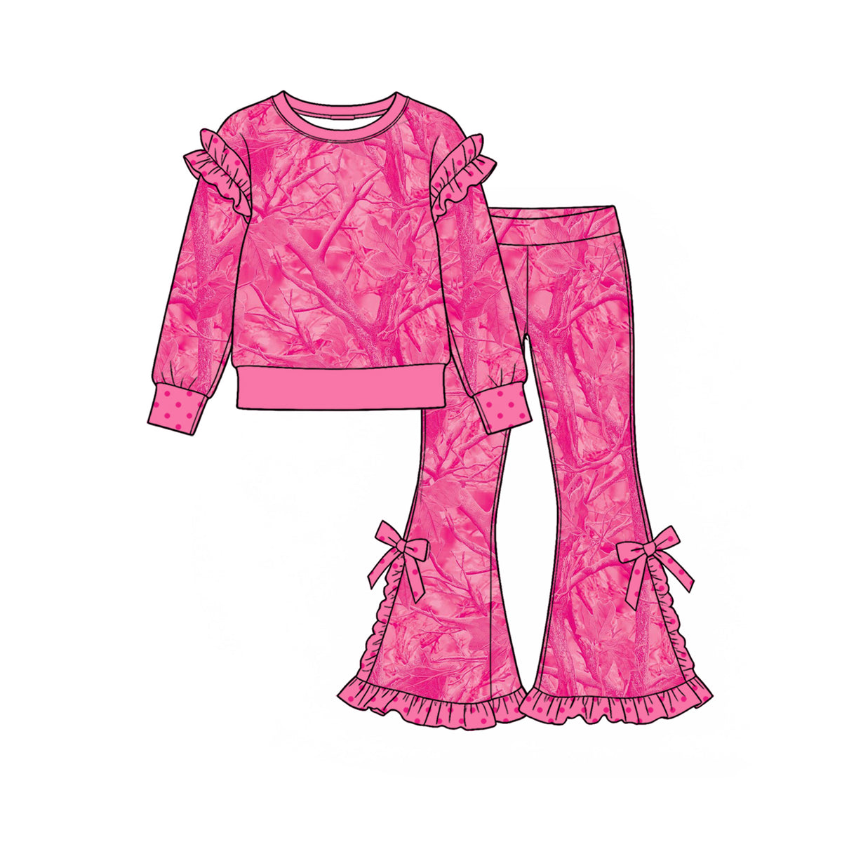 (Preorder new) No moq GLP4026 Baby Girls Pink Tree Camo Print Ruffle Shoulder Sweatshirt Bow Ruffle Bell Bottom Pants Set