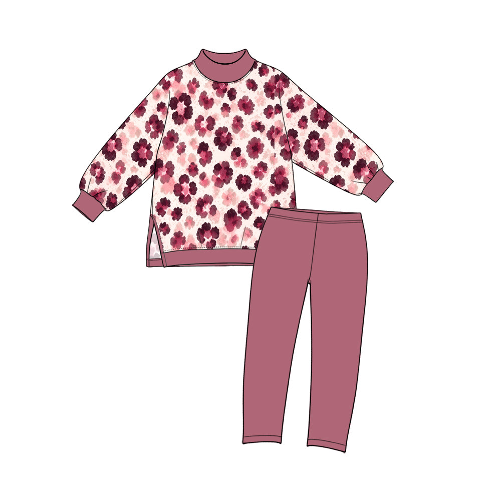 (Preorder new) No moq yoga fabric Baby Girls Leopard  Long Sleeve Printed Crew Neck Top And And Solid Leggings Yoga Set