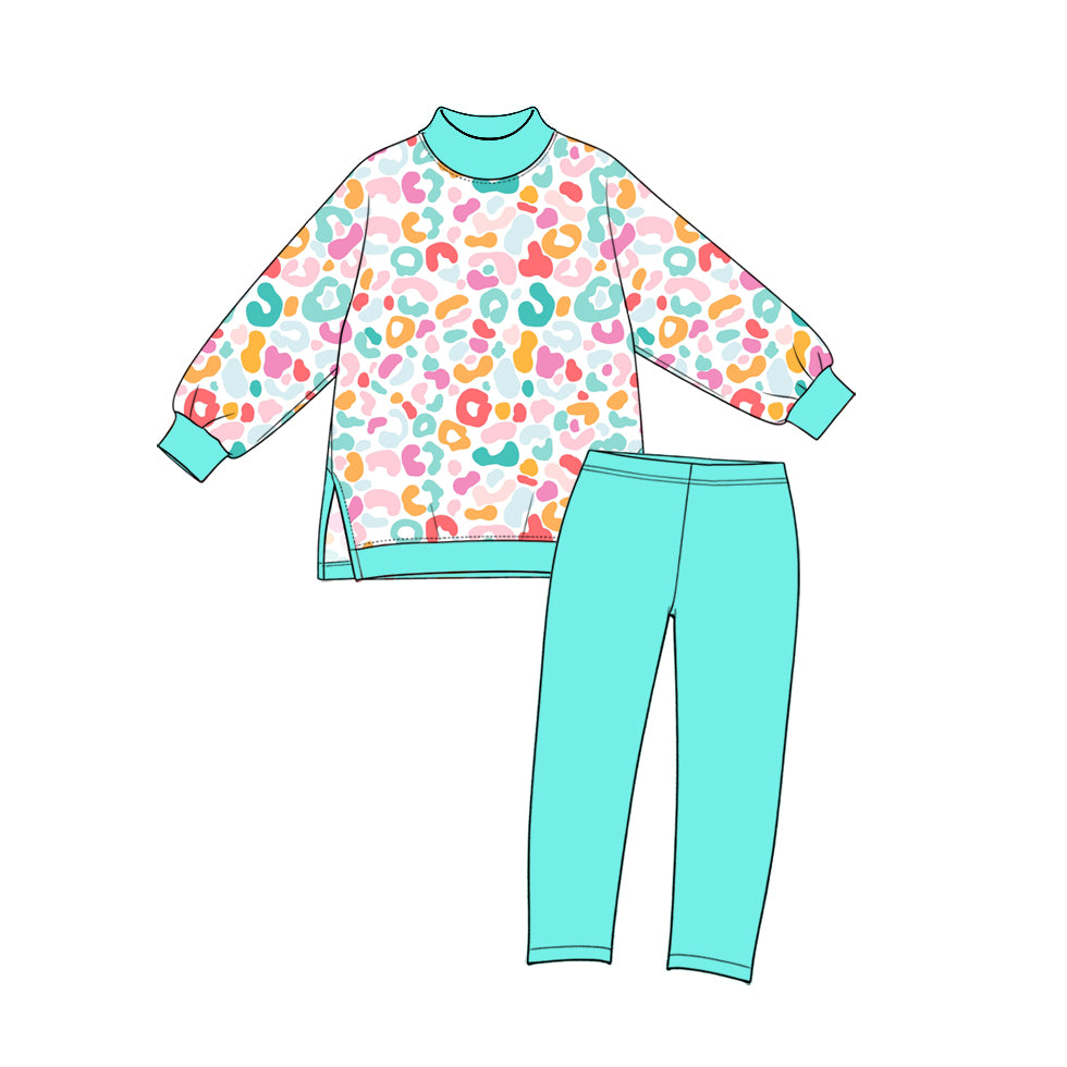 (Preorder new) No moq yoga fabric Baby Girls Long Sleeve Leopard  Printed Crew Neck Top And And Solid Leggings Yoga Set