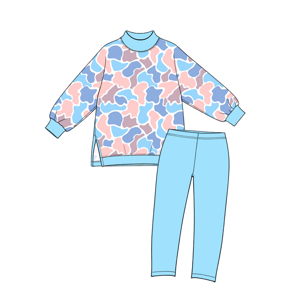 (Preorder new) No moq yoga fabric Baby Girls Long Sleeve Leopard  Printed Crew Neck Top And And Solid Leggings Yoga Set
