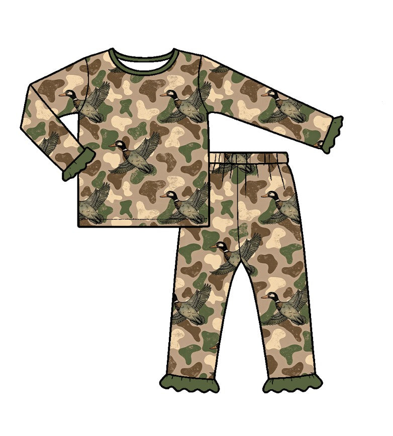 (Preorder new) No moq Baby Girls Green Camo Ducks Print Pajamas Set Yoga Short Bows Ruffle Knee Length Dress Ruffle Zipper Romper