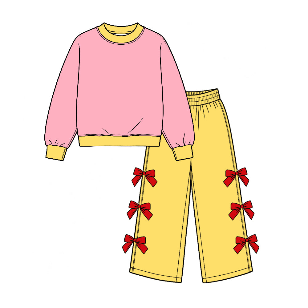 (Preorder new) No moq Baby Girls Color Block Long Sleeve Top Bow Wide Leg Pant Outfit Set