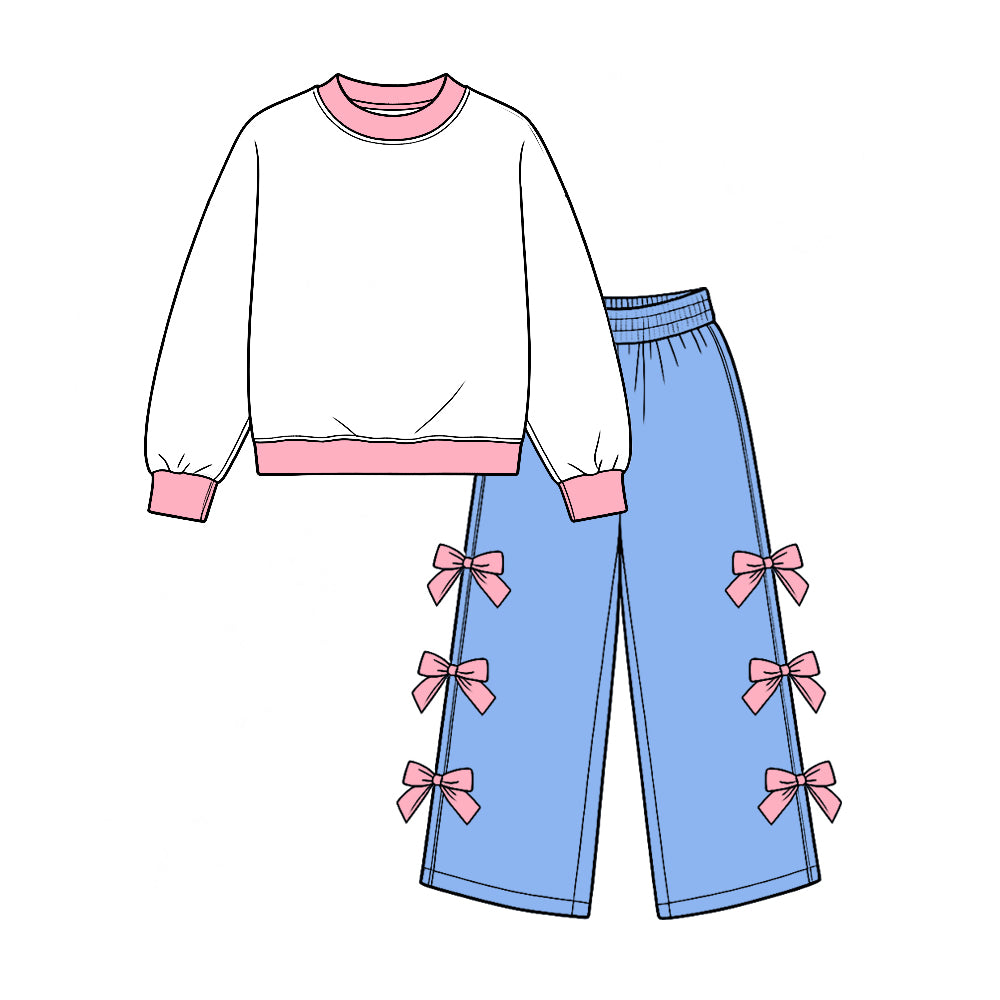 (Preorder new) No moq Baby Girls Color Block Long Sleeve Top Bow Wide Leg Pant Outfit Set
