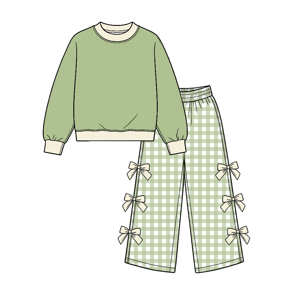 (Preorder new) No moq Baby Girls Color Block Long Sleeve Top Bow Wide Leg Pant Outfit Set