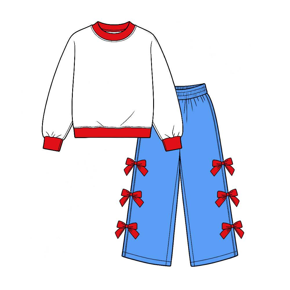 (Preorder new) No moq Baby Girls Color Block Long Sleeve Top Bow Wide Leg Pant Outfit Set