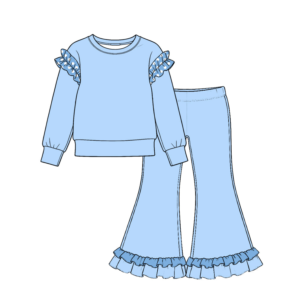 (Preorder new) No moq Baby Girls Polka Dot Ruffle Shoulder Long Sleeve Top Ruffle Hem Flare Pant Outfit Set