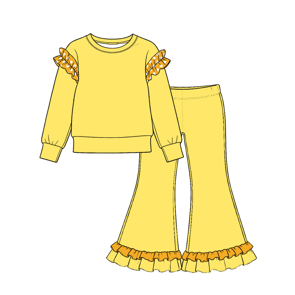 (Preorder new) No moq Baby Girls Polka Dot Ruffle Shoulder Long Sleeve Top Ruffle Hem Flare Pant Outfit Set