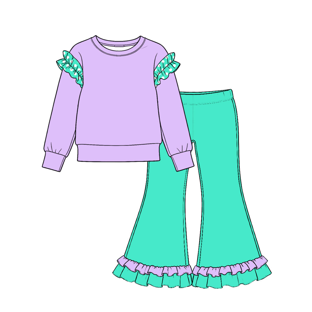 (Preorder new) No moq Baby Girls Polka Dot Ruffle Shoulder Long Sleeve Top Ruffle Hem Flare Pant Outfit Set
