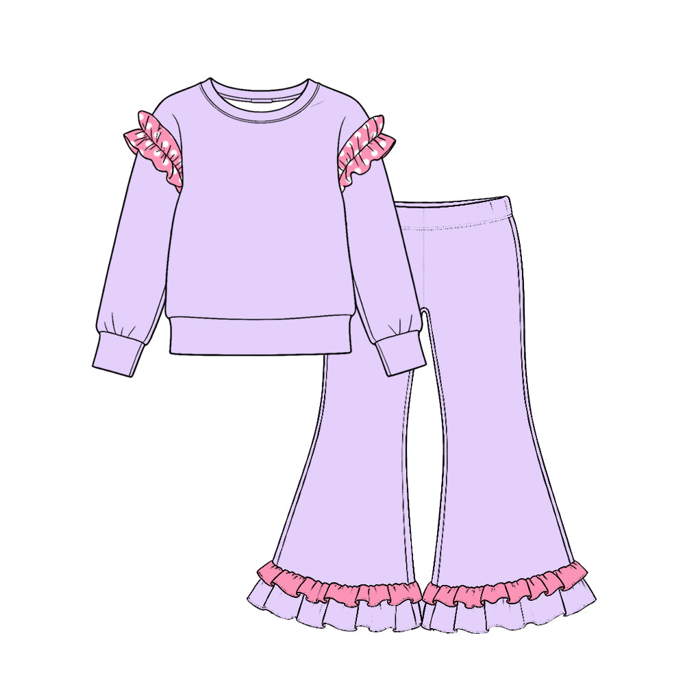(Preorder new) No moq Baby Girls Polka Dot Ruffle Shoulder Long Sleeve Top Ruffle Hem Flare Pant Outfit Set