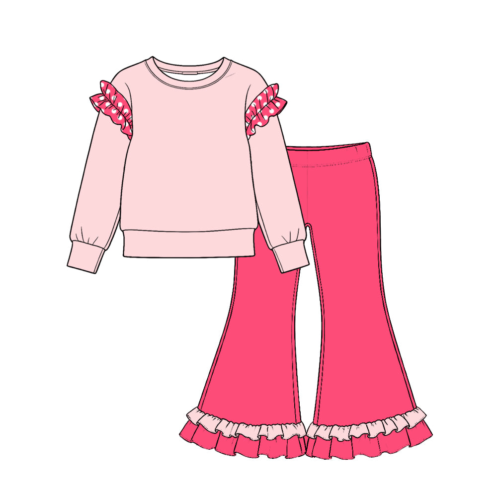 (Preorder new) No moq Baby Girls Polka Dot Ruffle Shoulder Long Sleeve Top Ruffle Hem Flare Pant Outfit Set