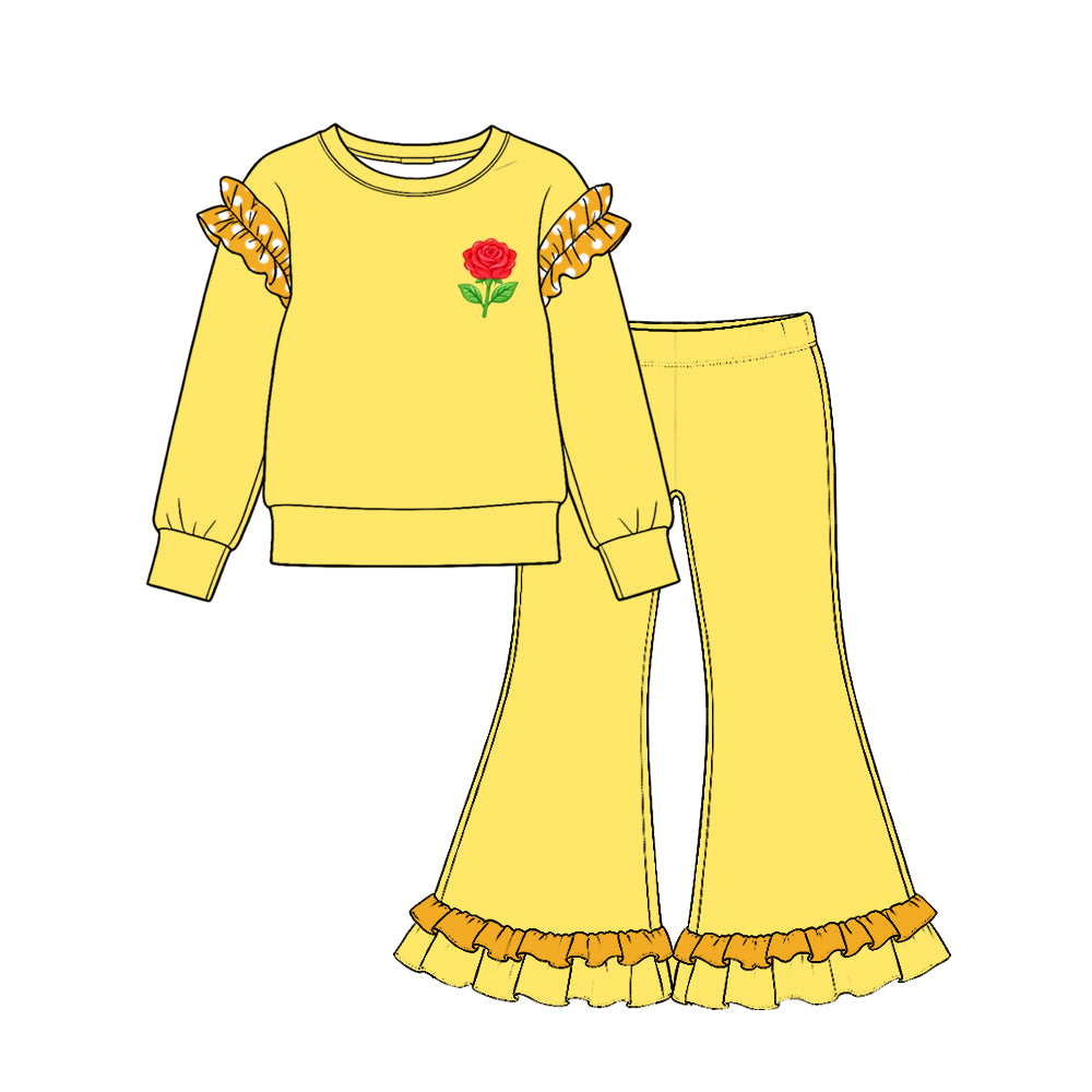 (Preorder new) No moq Baby Girls Ruffle Shoulder Long Sleeve Top Ruffle Hem Flare Pant Set