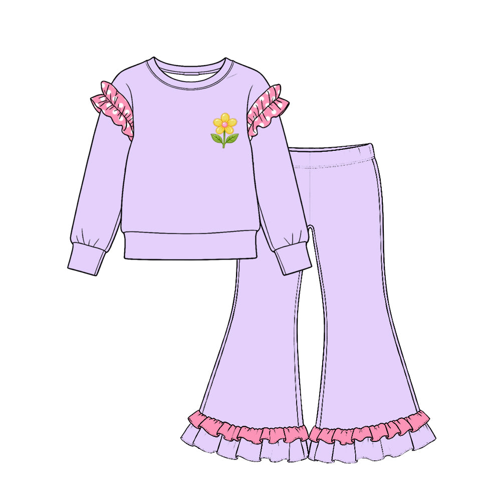 (Preorder new) No moq Baby Girls Ruffle Shoulder Long Sleeve Top Ruffle Hem Flare Pant Set