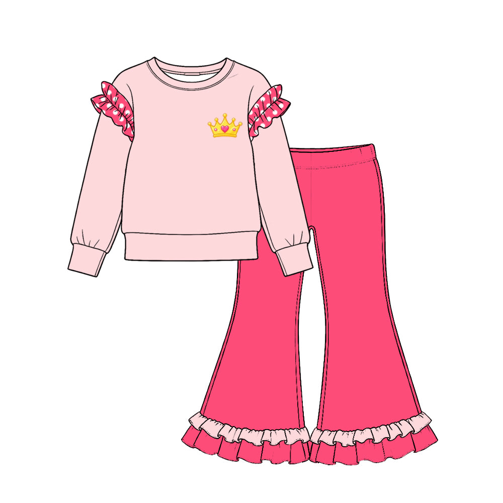 (Preorder new) No moq Baby Girls Ruffle Shoulder Long Sleeve Top Ruffle Hem Flare Pant Set