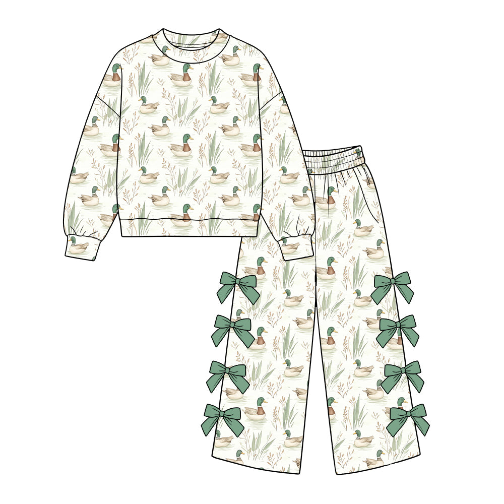 (Preorder new) No moq Baby Girls Duck Leaf Print Long Sleeve Bow Trouser Set