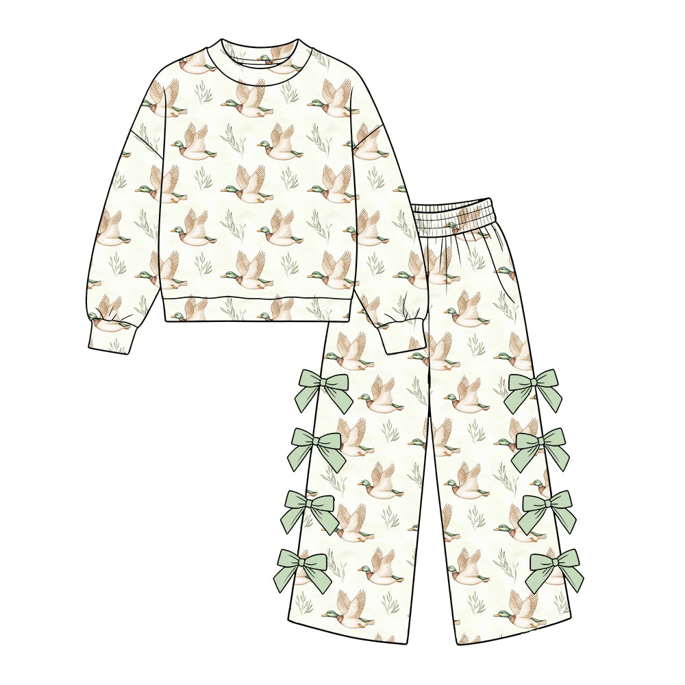(Preorder new) No moq Baby Girls Duck Leaf Print Long Sleeve Bow Trouser Set