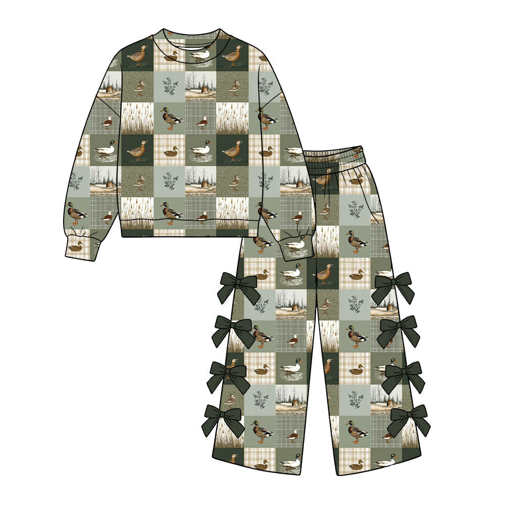 (Preorder new) No moq Baby Girls Duck Leaf Print Long Sleeve Bow Trouser Set