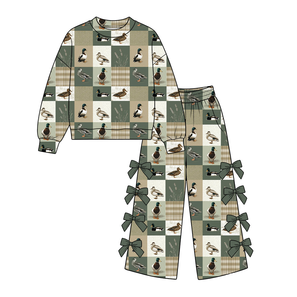 (Preorder new) No moq Baby Girls Duck Leaf Print Long Sleeve Bow Trouser Set