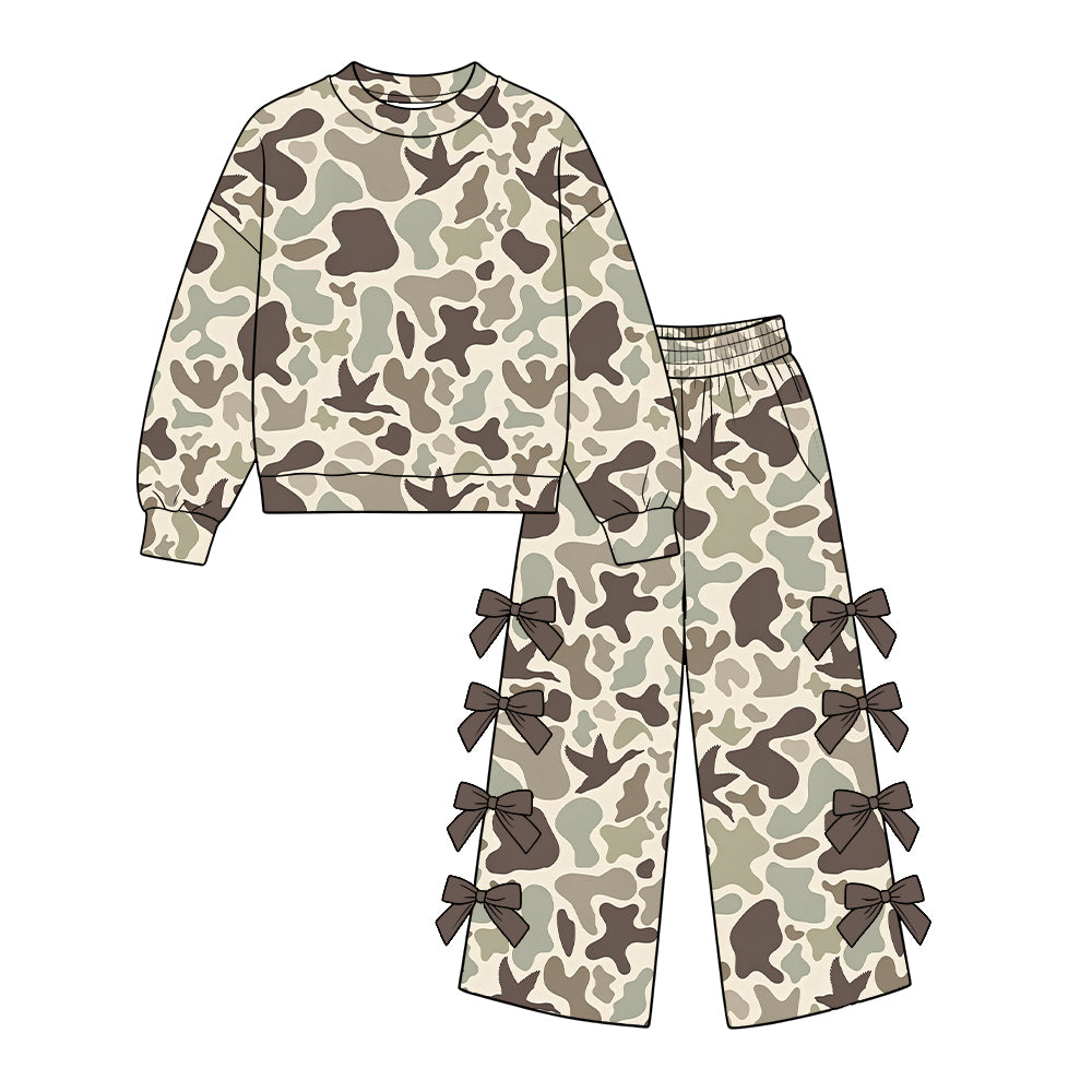 (Preorder new) No moq Baby Girls Duck Leaf Print Long Sleeve Bow Trouser Set