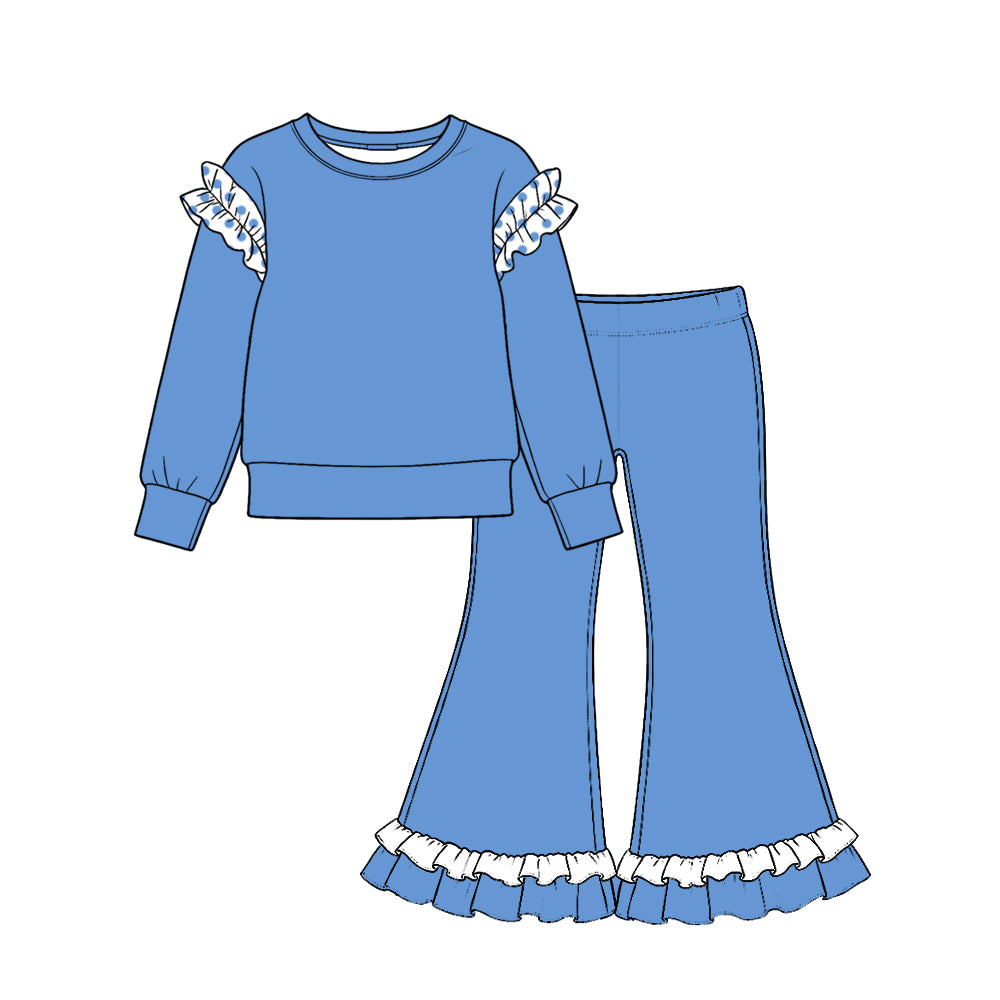 (Preorder new) No moq Baby Girls Solid color Ruffle Shoulder Long Sleeve Top Ruffle Hem Flare Pant Outfit Set
