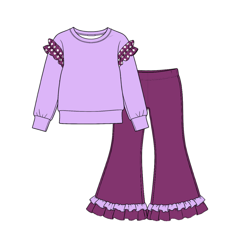 (Preorder new) No moq Baby Girls Solid color Ruffle Shoulder Long Sleeve Top Ruffle Hem Flare Pant Outfit Set