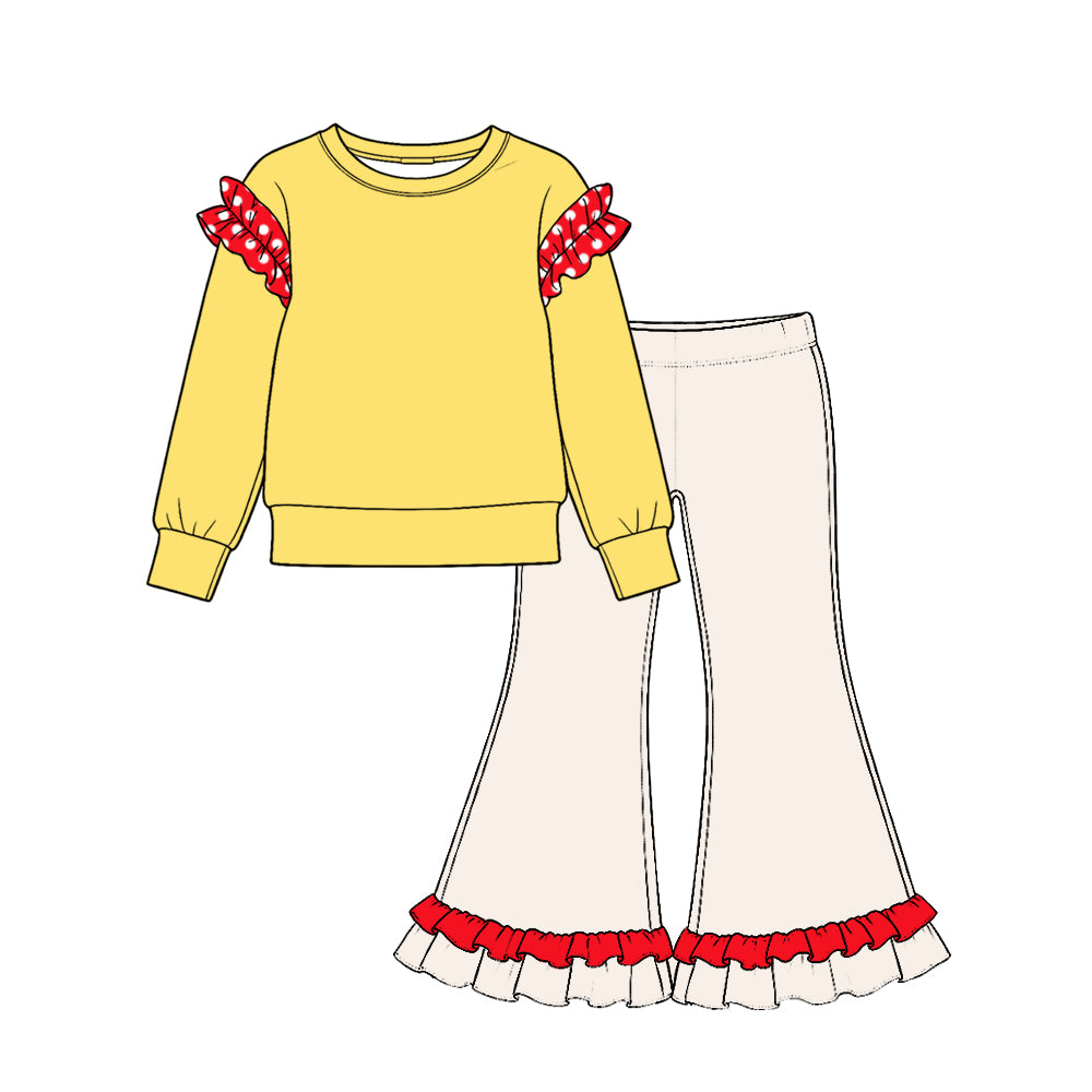 (Preorder new) No moq Baby Girls Solid color Ruffle Shoulder Long Sleeve Top Ruffle Hem Flare Pant Outfit Set
