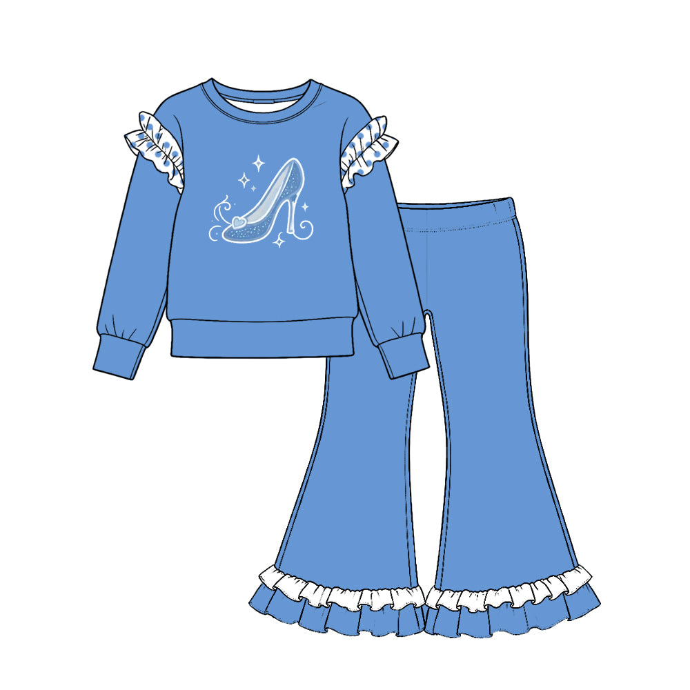 (Preorder new) No moq Baby Girls Ruffle Shoulder Long Sleeve Top Ruffle Hem Flare Pant Outfit Set