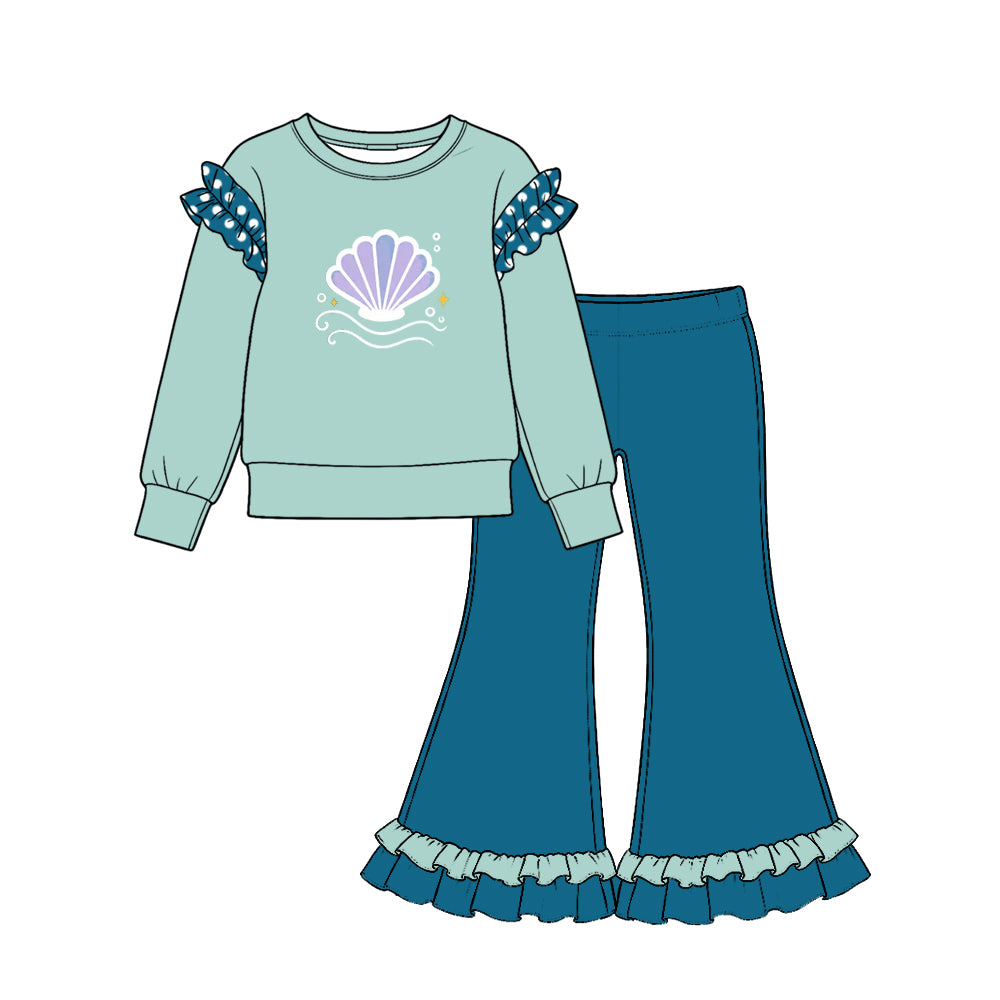(Preorder new) No moq Baby Girls Ruffle Shoulder Long Sleeve Top Ruffle Hem Flare Pant Outfit Set