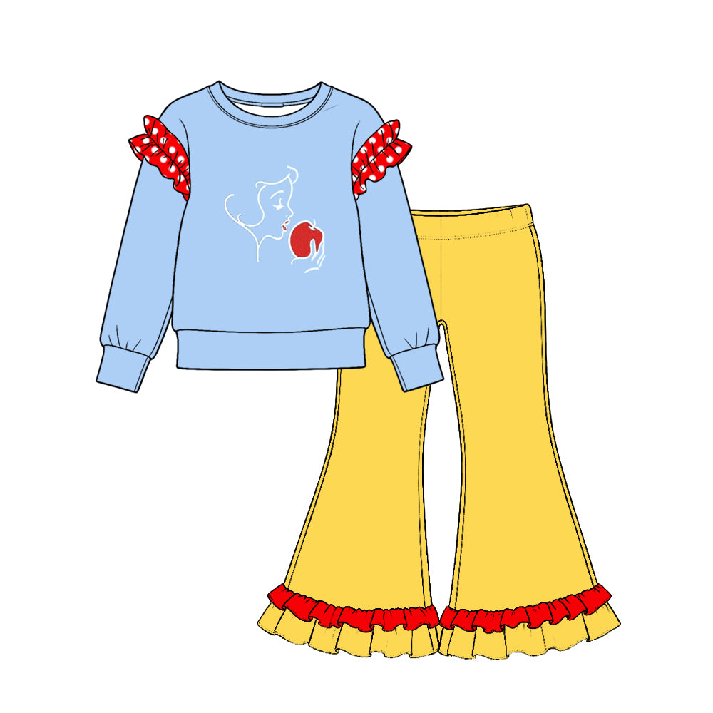 (Preorder new) No moq Baby Girls Ruffle Shoulder Long Sleeve Top Ruffle Hem Flare Pant Outfit Set