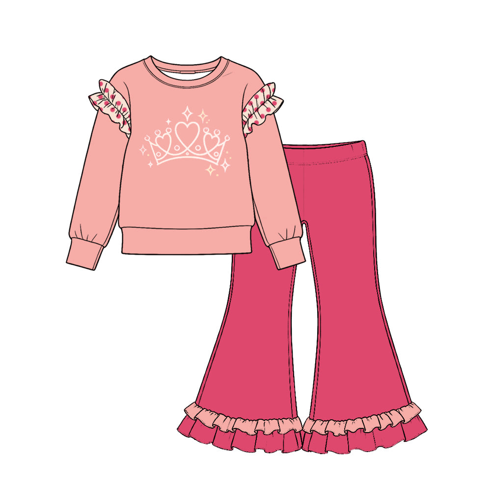 (Preorder new) No moq Baby Girls Ruffle Shoulder Long Sleeve Top Ruffle Hem Flare Pant Outfit Set