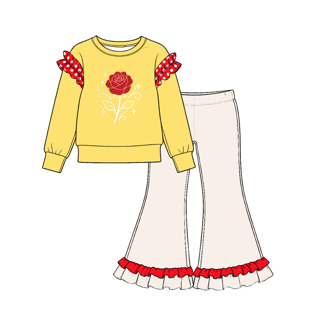 (Preorder new) No moq Baby Girls Ruffle Shoulder Long Sleeve Top Ruffle Hem Flare Pant Outfit Set