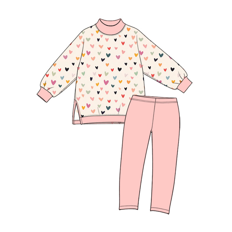(Preorder new) No moq High Neck Baby Girls Heart Print Pink Mock Neck Long Sleeve Top Leggings Yoga Sets Romper