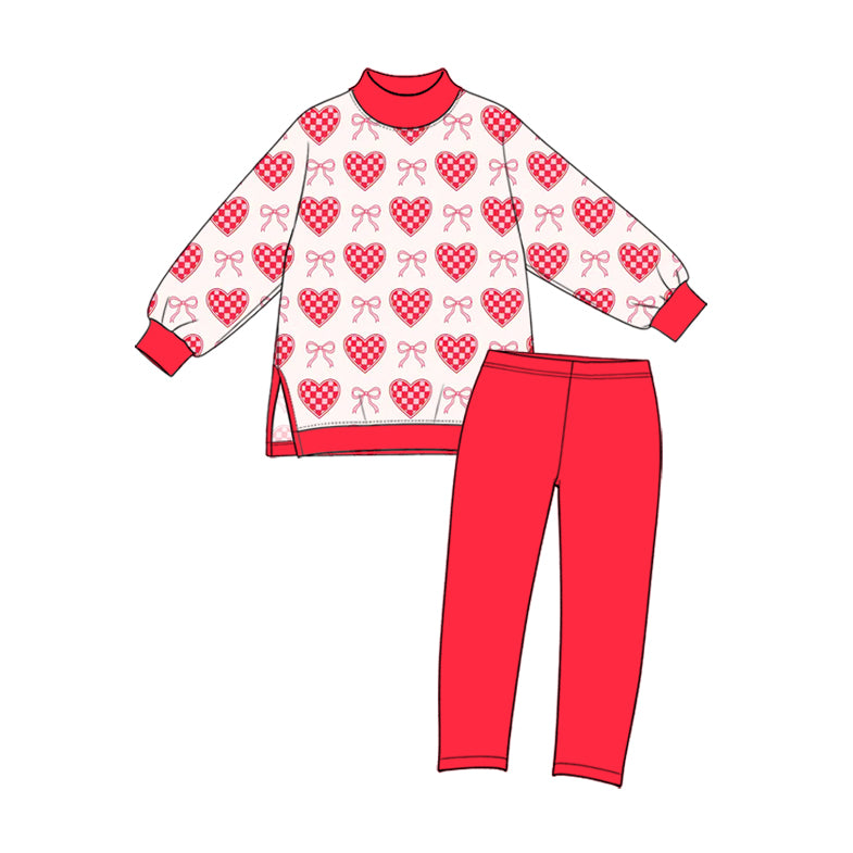 (Preorder new) No moq High Neck Baby Girls Valentines Red Gingham Heart Bow Print Mock Neck Long Sleeve Top Leggings Yoga Sets Romper