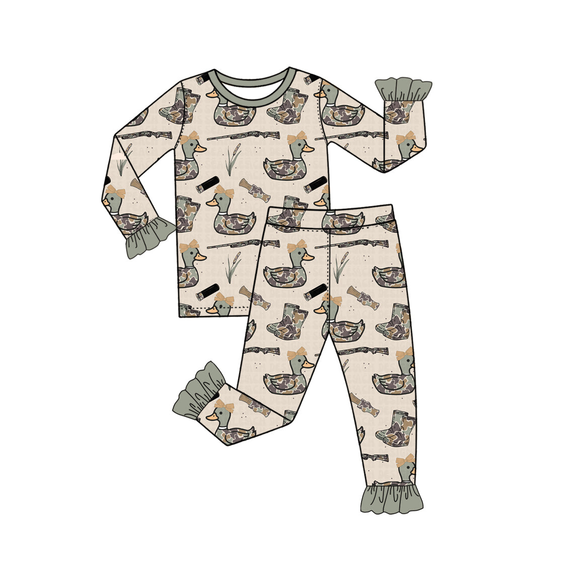 (Preorder new) No moq Baby Boys And Girls Duck Print Pajama Set And Zipper Romper Plain And Ruffle Trim