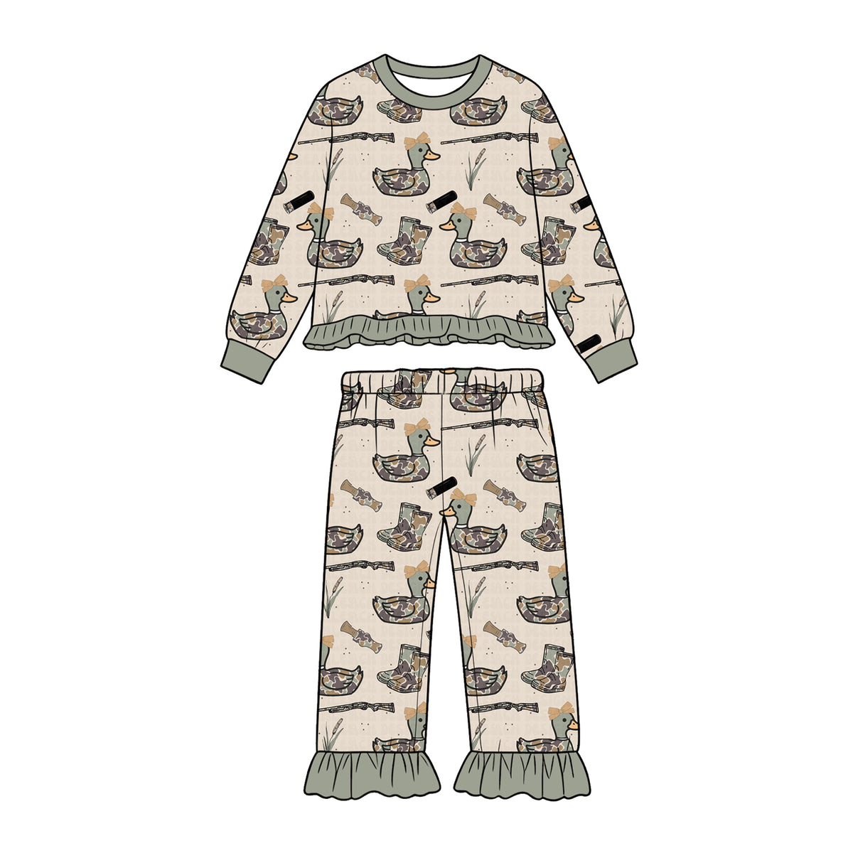 (Preorder new) No moq Baby Girls And Boys Duck Hunting Print Long Sleeve Top And Jogger Pant Clothing Set