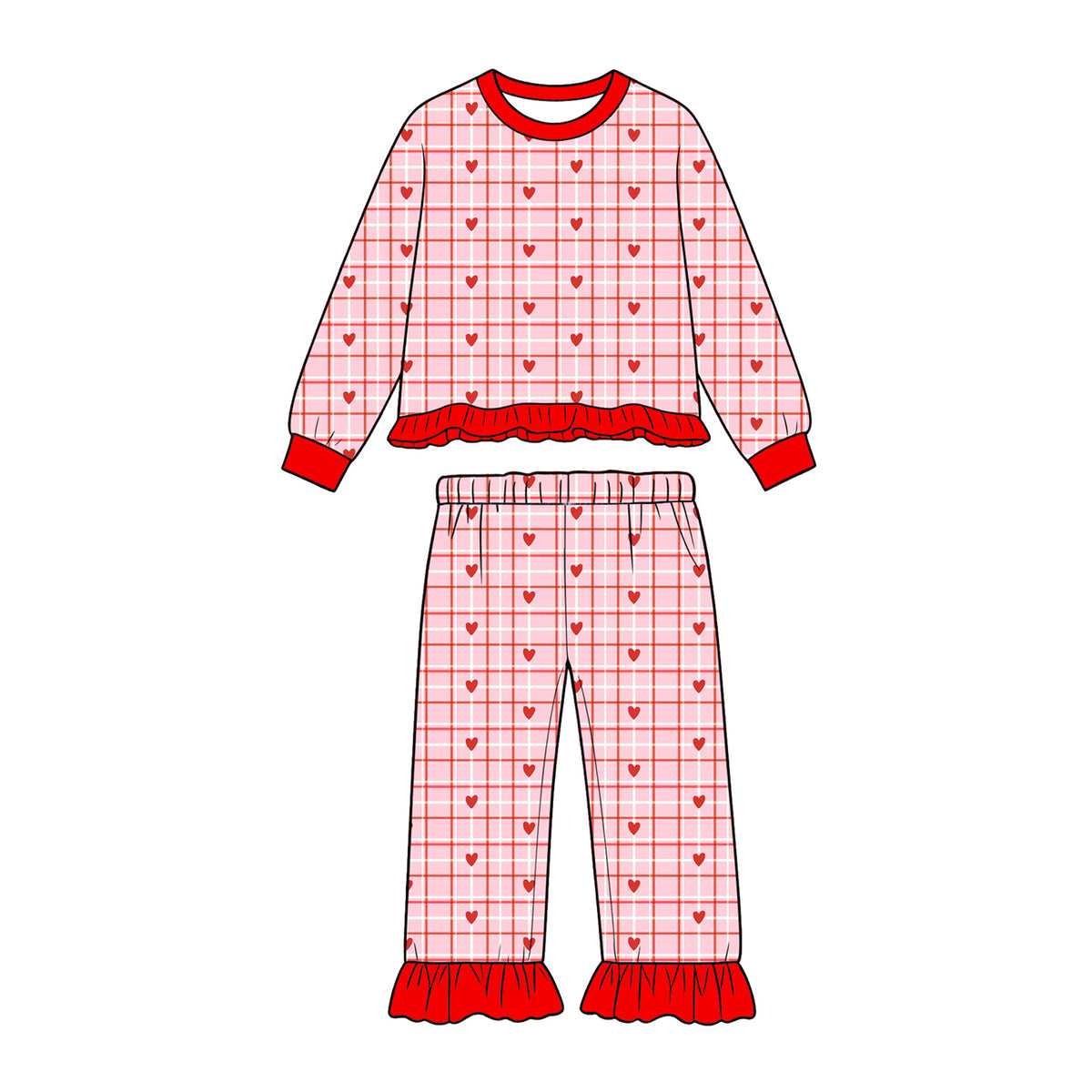 (Preorder new) No moq Baby Girls And Boys Valentines Heart Gingham Print Long Sleeve Sweatshirt And Pant Set