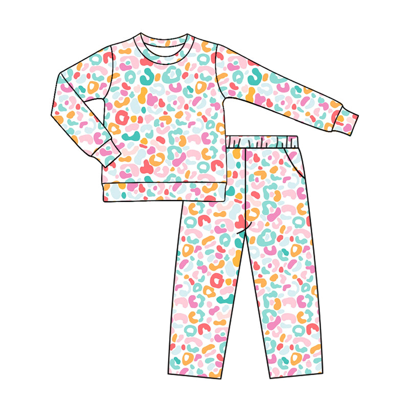 (Preorder new) No moq Baby Girls Leopard Print Crew Neck Top And Pant Set