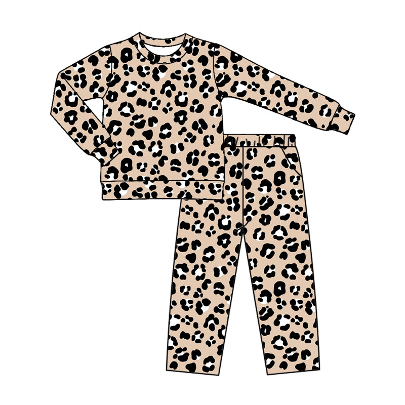 (Preorder new) No moq Baby Girls Leopard Print Crew Neck Top And Pant Set