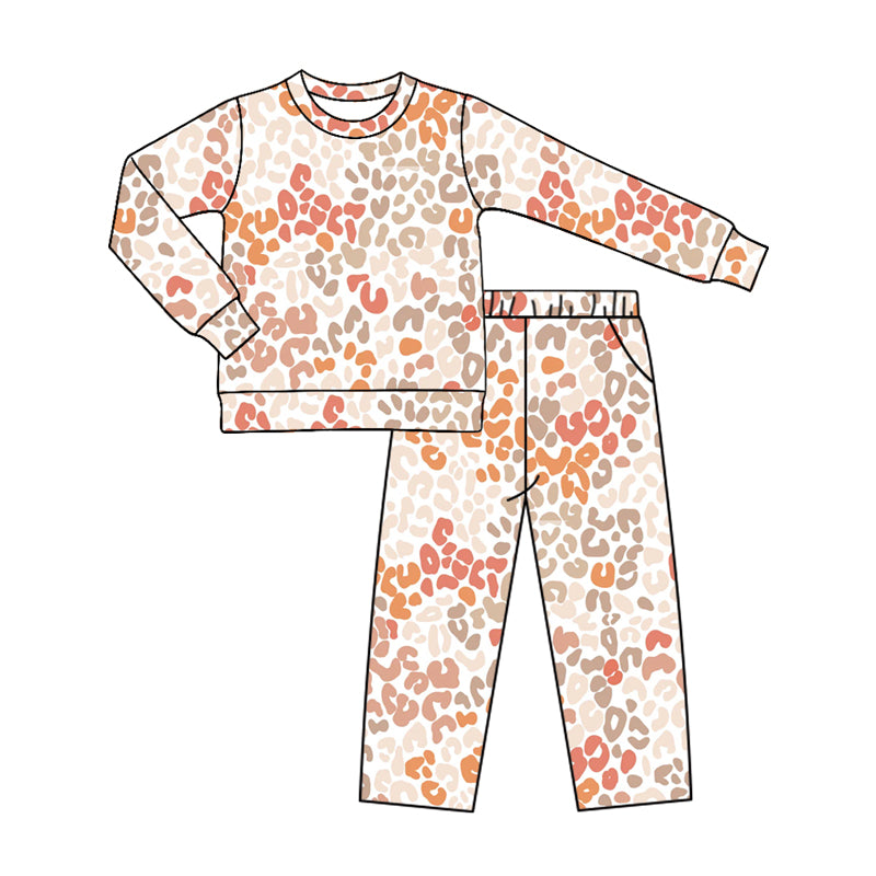 (Preorder new) No moq Baby Girls Leopard Print Crew Neck Top And Pant Set
