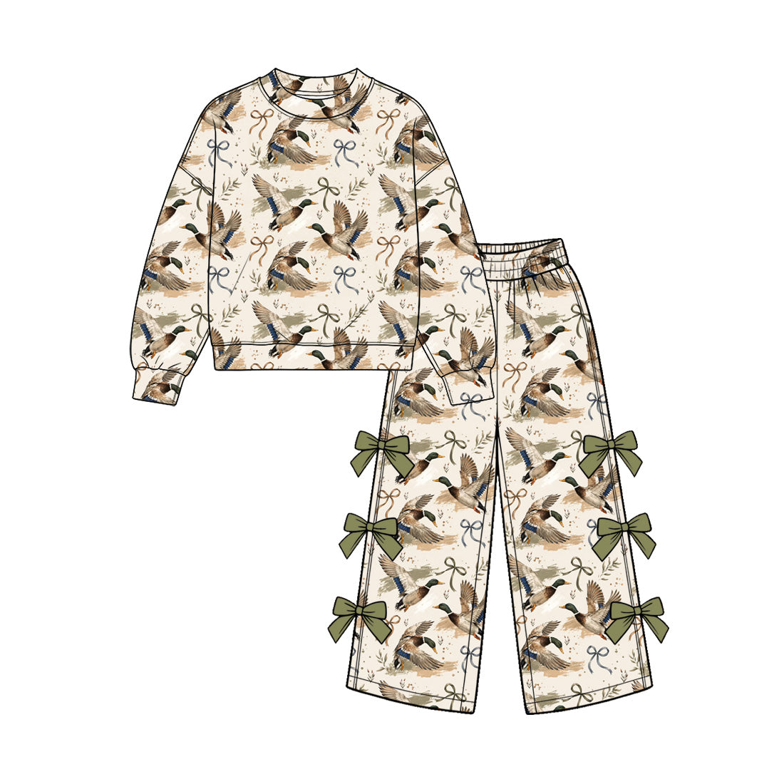 (Preorder new) No moq Baby Girls Duck Print Top And Bow Wide Leg Pant Fall Set