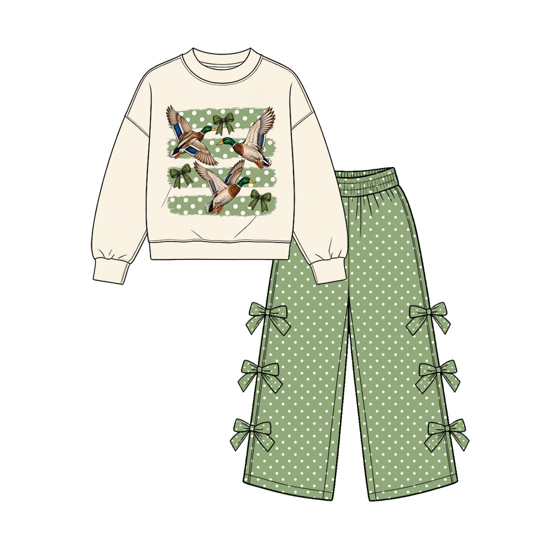 (Preorder new) No moq Baby Girls Duck Print Top And Bow Wide Leg Pant Fall Set