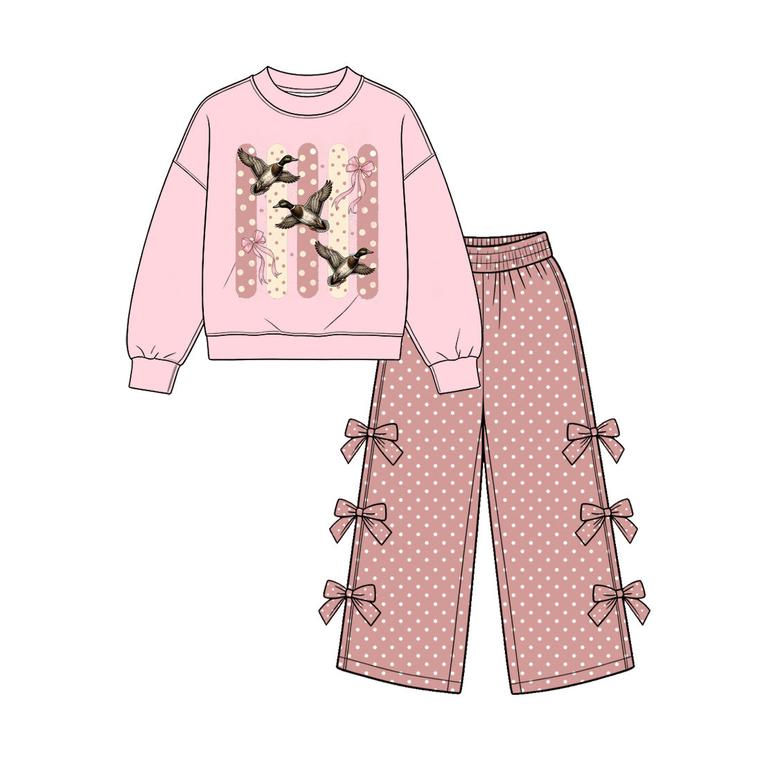 (Preorder new) No moq Baby Girls Duck Print Top And Bow Wide Leg Pant Fall Set