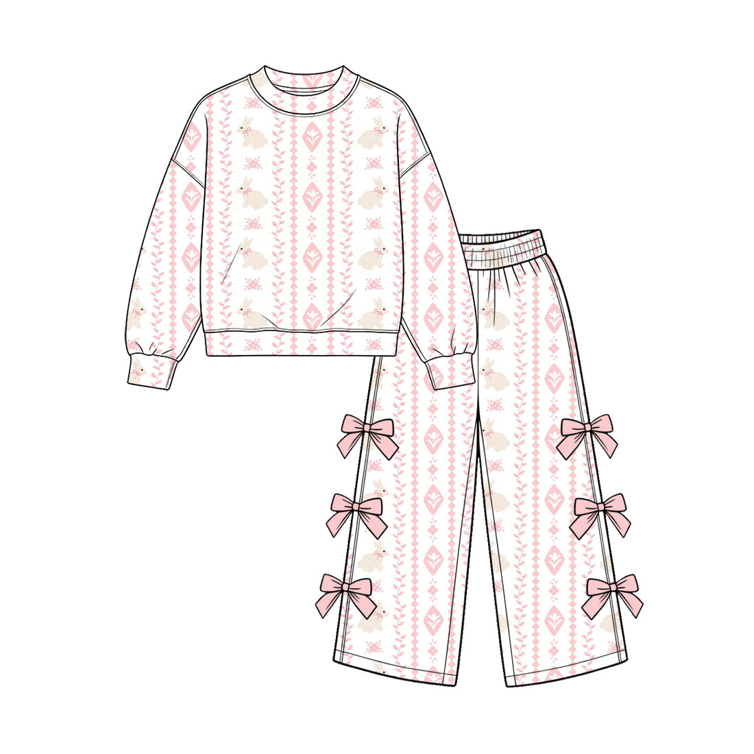 (Preorder new) No moq Baby Girls Duck Print Top And Bow Wide Leg Pant Fall Set