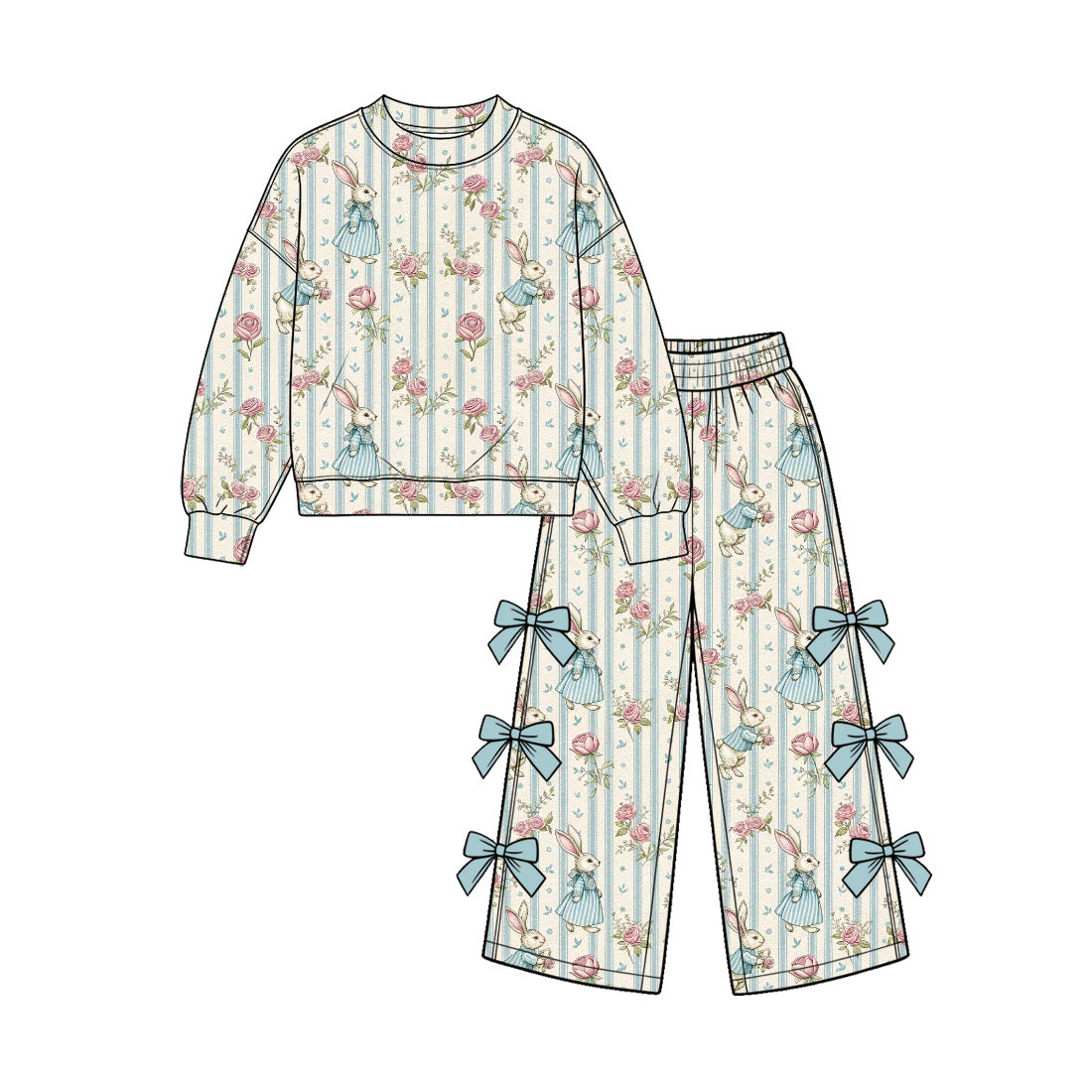 (Preorder new) No moq Baby Girls Duck Print Top And Bow Wide Leg Pant Fall Set