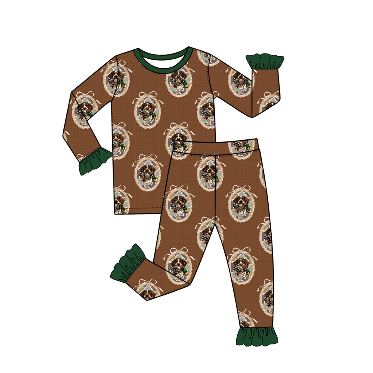 (Preorder new) No moq Baby Boys And Girls Brown Dog Duck Came Print Green Ruffle Cuff Long Sleeve Pajama Set