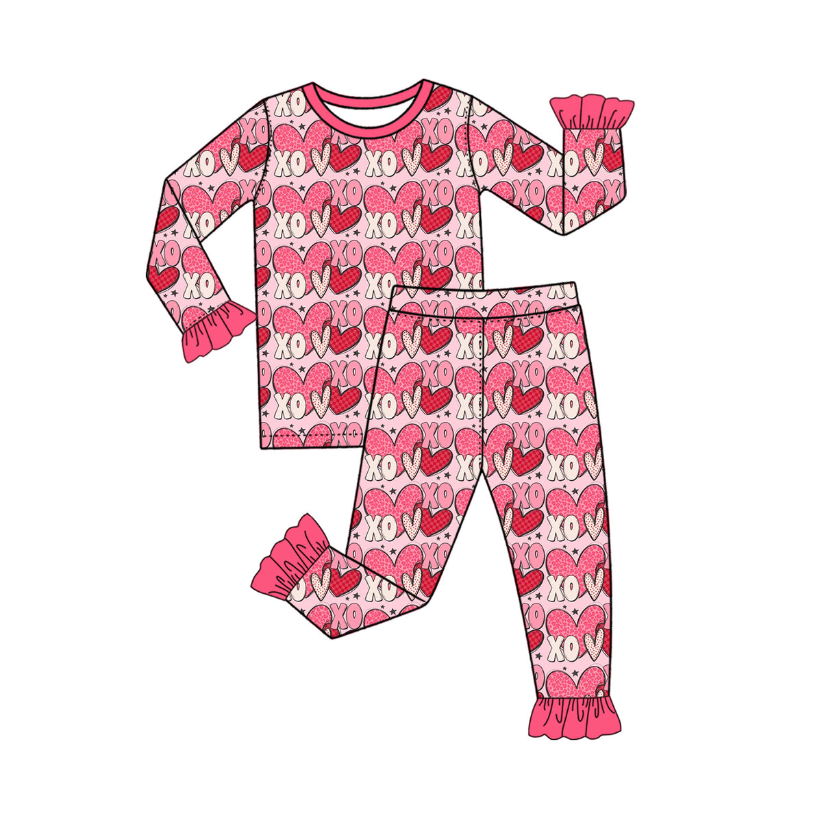 (Preorder new) No moq Baby Girls Heart Print Ruffle Long Sleeve Top And Flare Pant Valentines Set Romper Dress