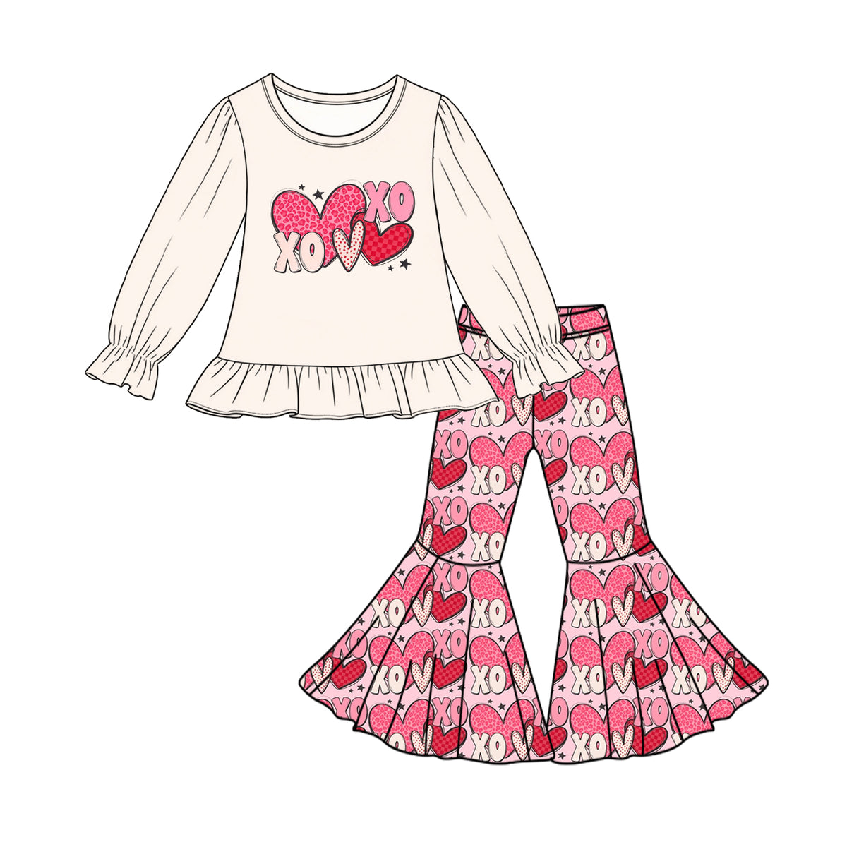 (Preorder new) No moq Baby Girls Heart Print Ruffle Long Sleeve Top And Flare Pant Valentines Set Romper Dress