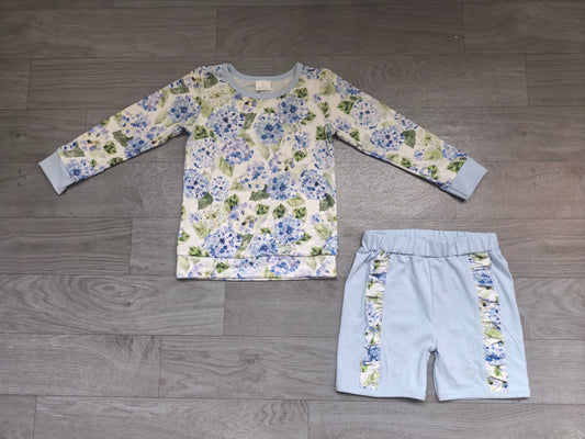 (Sample) No moq milk silk GLS0013 Baby Girls Blue Floral Bows Shirt Top Ruffle Casual Shorts Clothes Sets