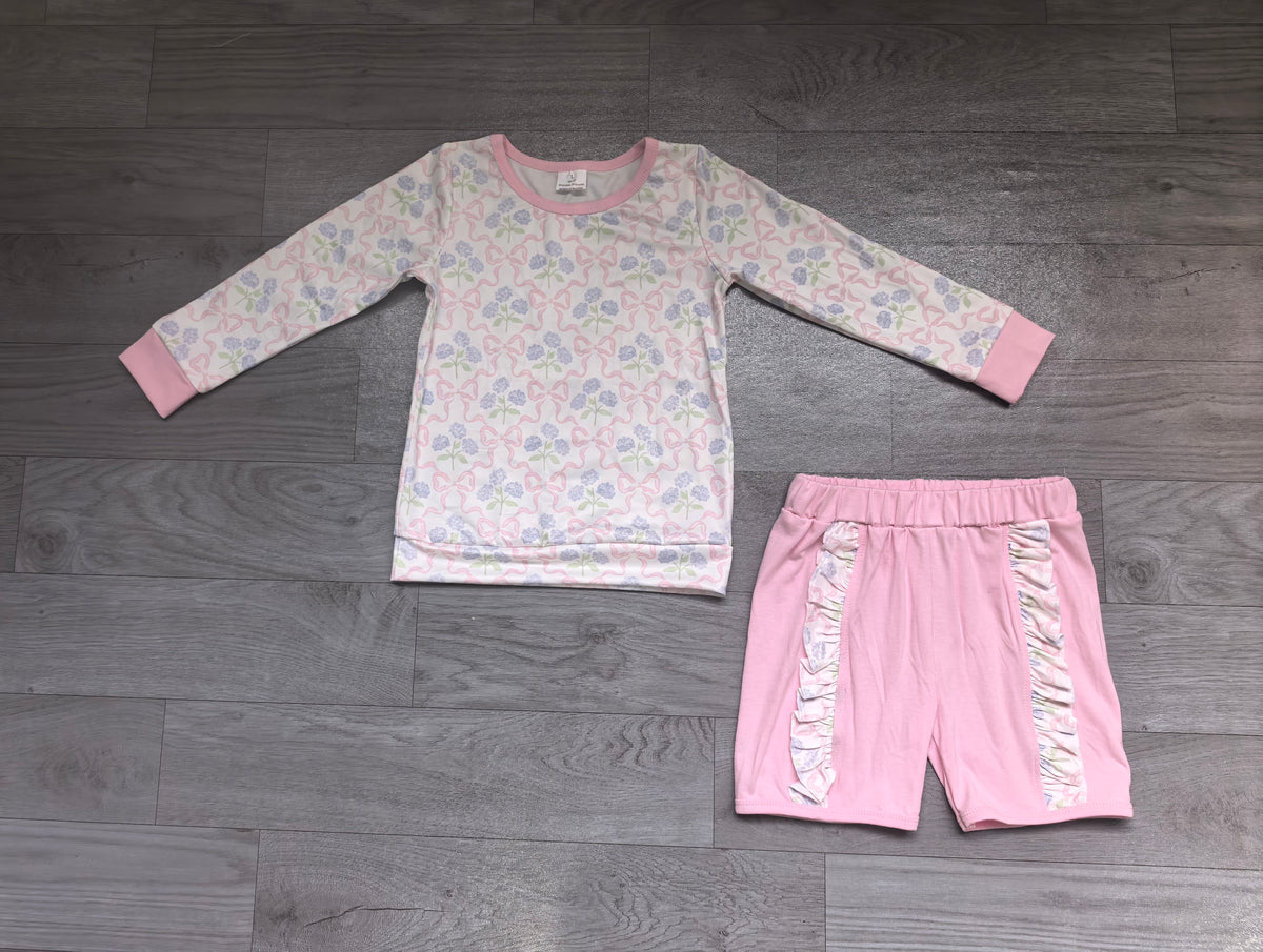 (Sample) No moq milk silk GLS0014 Baby Girls Pink Floral Bows Long Sleeve Shirt Top Ruffle Shorts Clothes Sets