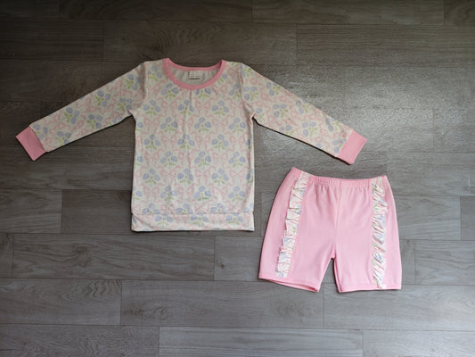 (Sample) No moq milk silk GLS0014 Baby Girls Pink Floral Bows Long Sleeve Shirt Top Ruffle Shorts Clothes Sets